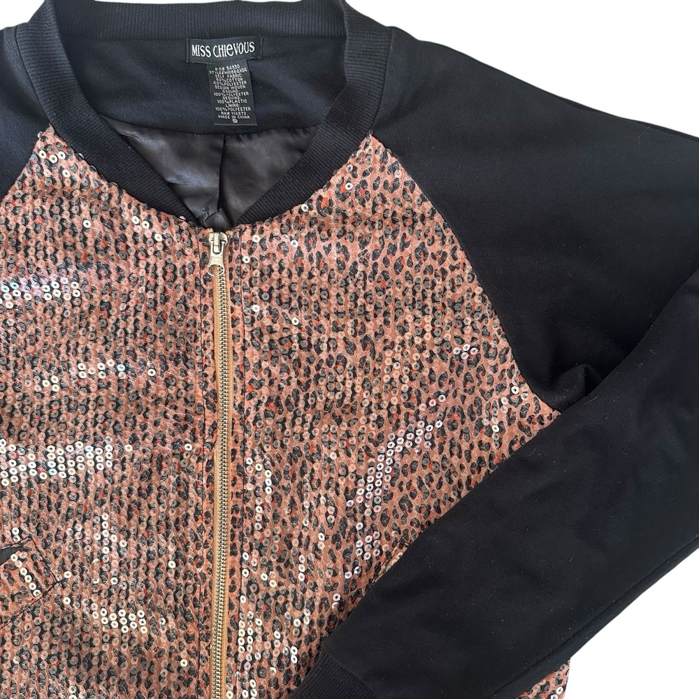 Miss Chievous Sequin Cheetah Bomber Jacket Zip Pockets Size Small Leopard Flirty